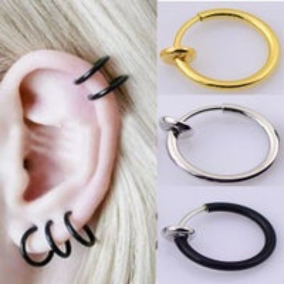 NEW 2-18k Rose Gold Plate Spring-Fake Cheater Nose-Lip-Ear Rings No Pain! - Picture 4 of 6